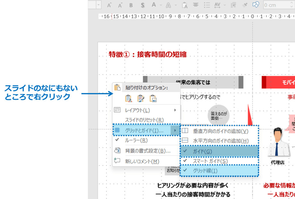 スライドのなにもないところで右クリックして、「グリッドとガイド」から、「グリッド」もしくは「ガイド」を選択