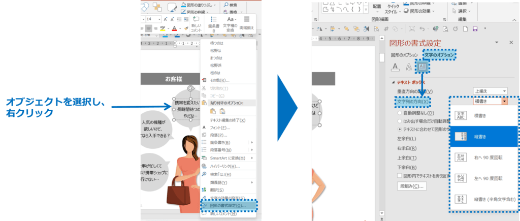 オブジェクトを選択し、右クリックから図形の書式設定、文字のオプション、テキストボックス、文字列の方向で、縦書きを選択