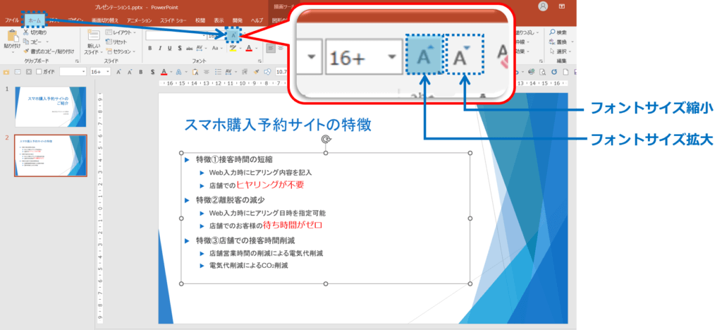 箇条書テキストのプレースホルダーを選択し、ホームタブを選択。フォントグループの　フォントサイズボタン(拡大)　を２回クリック。