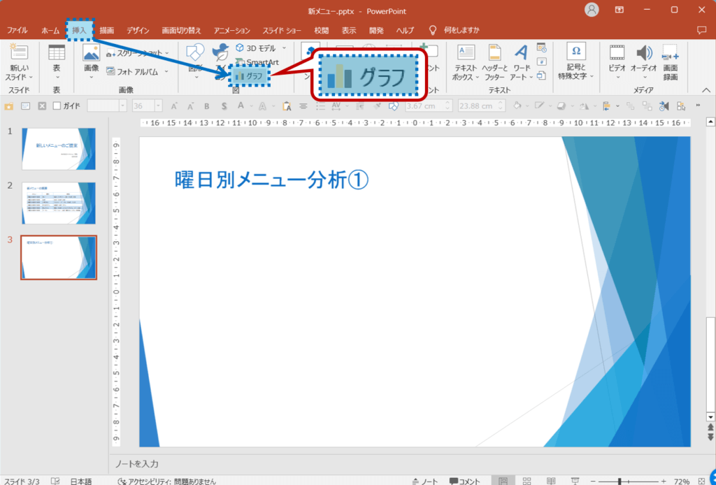 スライド３を選択し、挿入タブを選択。図グループのグラフの追加ボタン　をクリック。