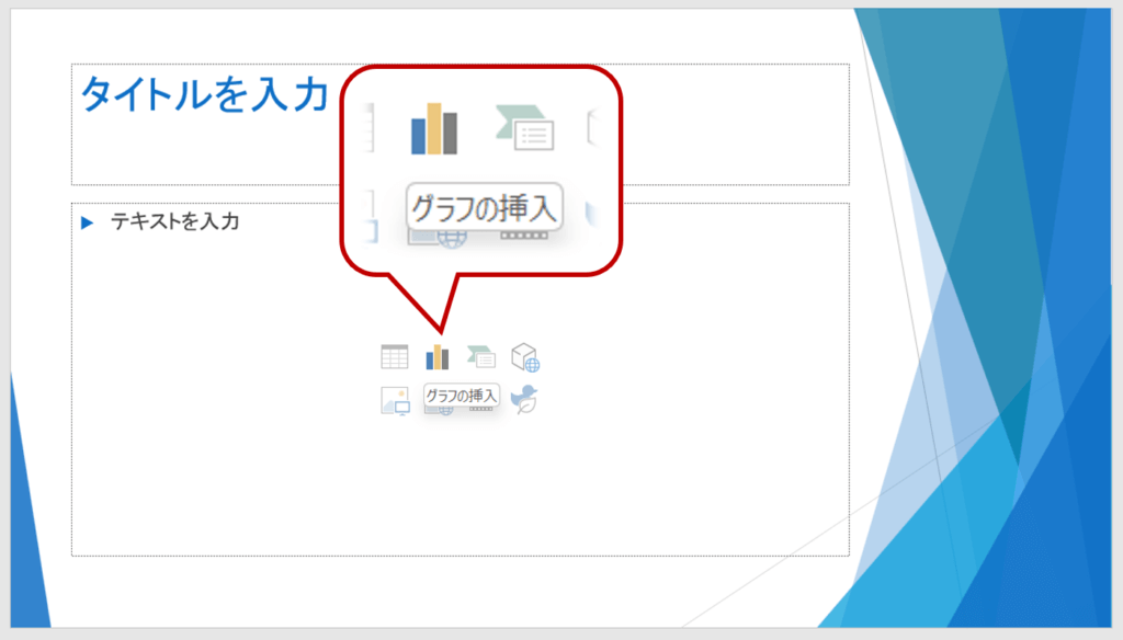 コンテンツのプレースホルダーが配置されているスライドでは、プレースホルダー内のグラフの挿入をクリックして、グラフを作成することができます。