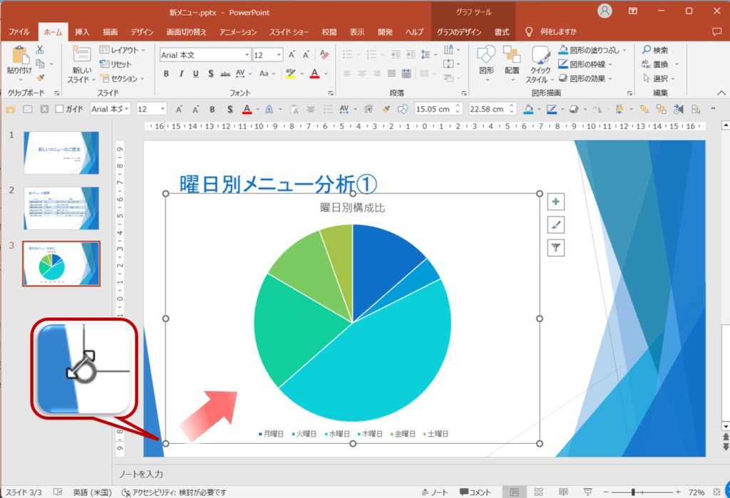 グラフの左下の〇(ハンドル)をポイントし、図のようにドラッグします。