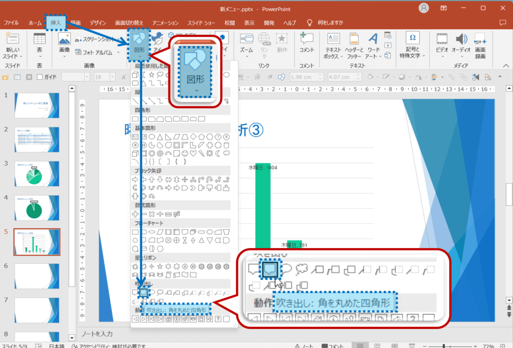 スライド５を選択し、挿入タブを選択。図グループの図形をクリックし、吹き出しの「吹き出し：角を丸めた四角」をクリック。