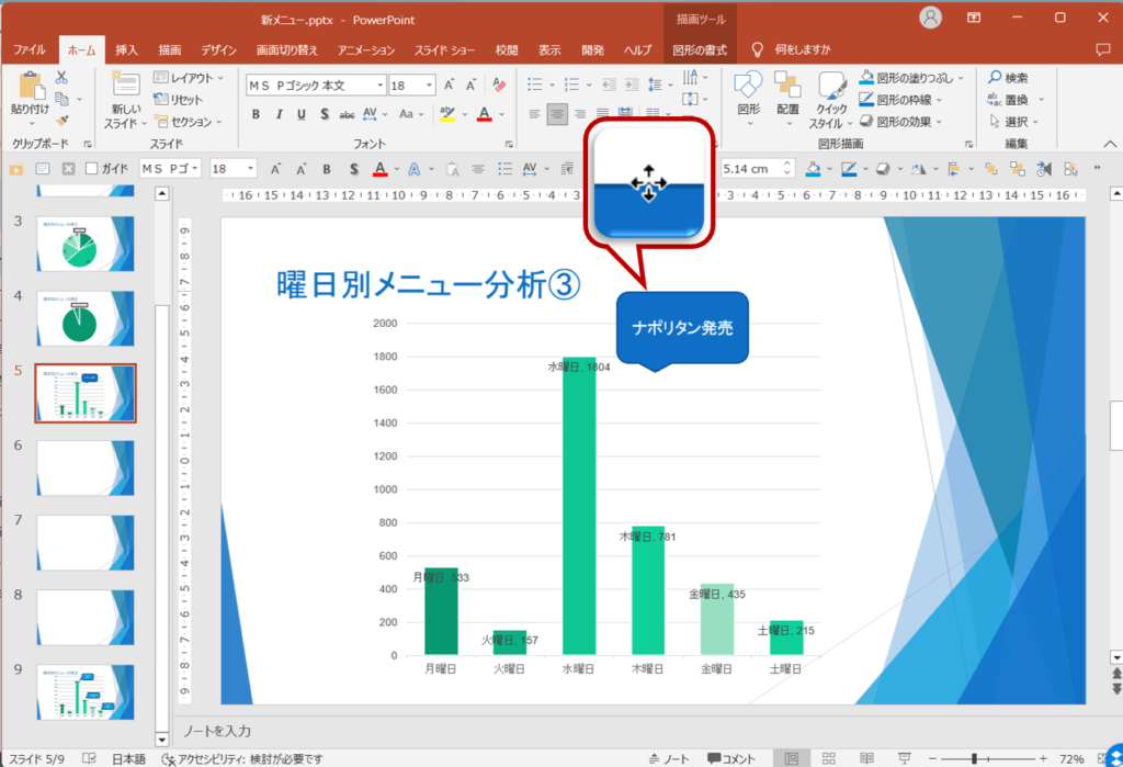 ドラッグ中、マウスポインターの形が変わります。