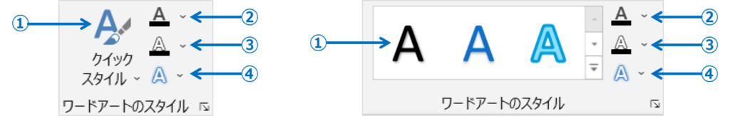 図形の書式タブ＞ワードアートスタイルグループでは、次のようにワードアートのスタイルを変更できます。