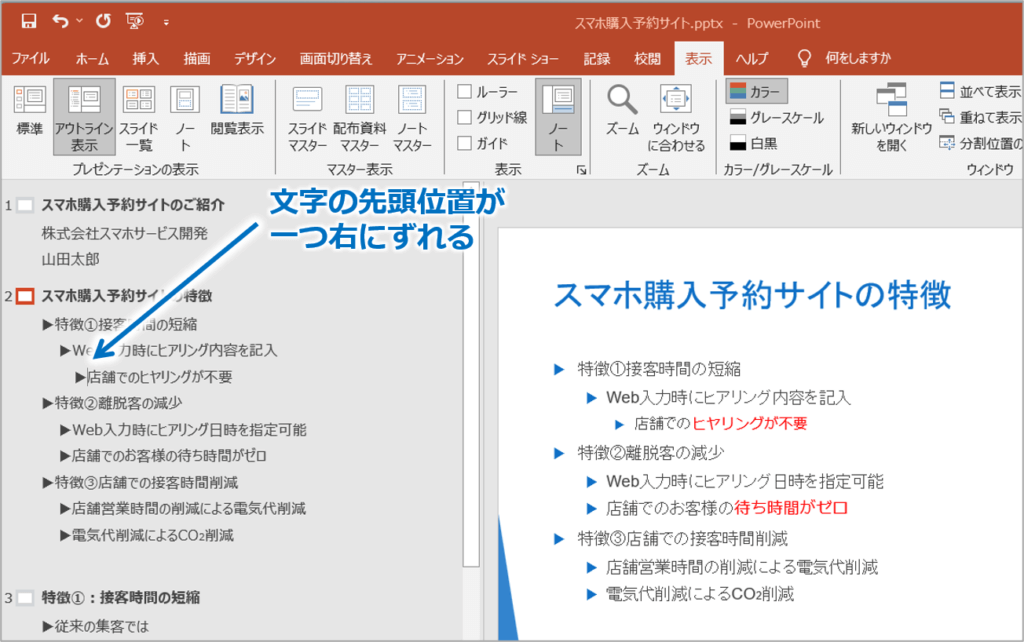 ②文字の行頭位置が、一つ右にずれます。