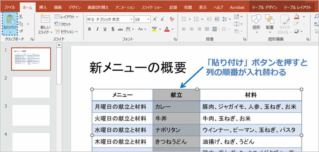 ④「貼り付け」ボタンをクリックすると、列の順番が入れ替わります。