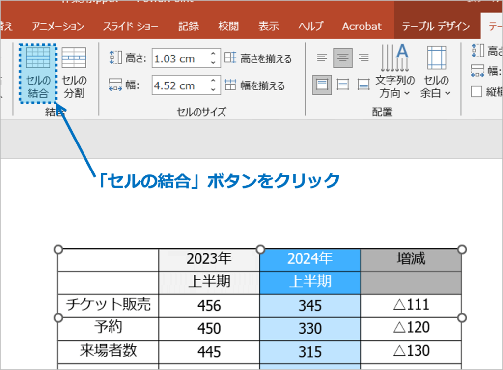 ②「セルの結合」ボタンをクリックします。