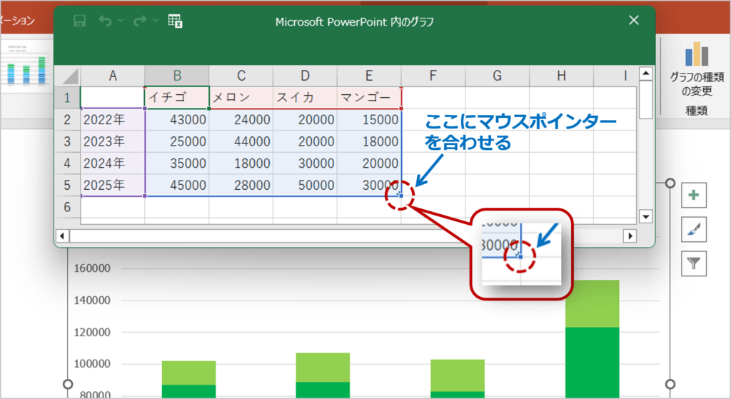 ②データシート（Excel形式）が表示されるので、青い枠線の右下のハンドル(または赤い枠線の右下のハンドル)に、マウスポインターを合わせます。