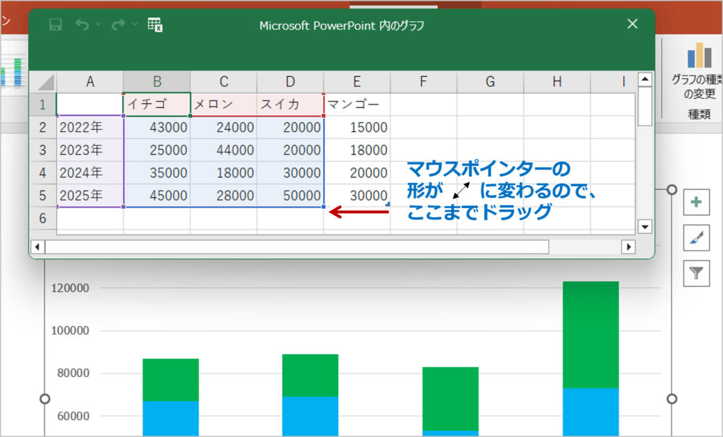 ③マウスポインターの矢印の形が変わるので、必要なデータだけが含まれるようにドラッグします。