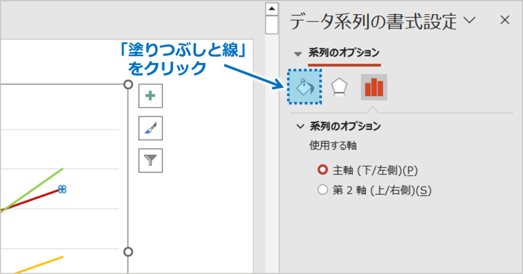 ②「データ系列の書式設定」作業ウィンドウが表示されるので、「塗りつぶしと線」をクリックします。
