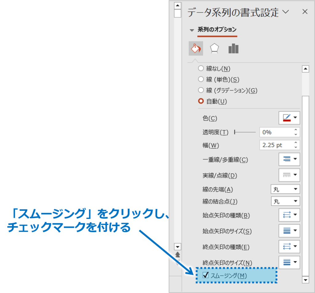 ③「塗りつぶしと線」の中にある「スムージング」をクリックして、チェックマークを付けます。