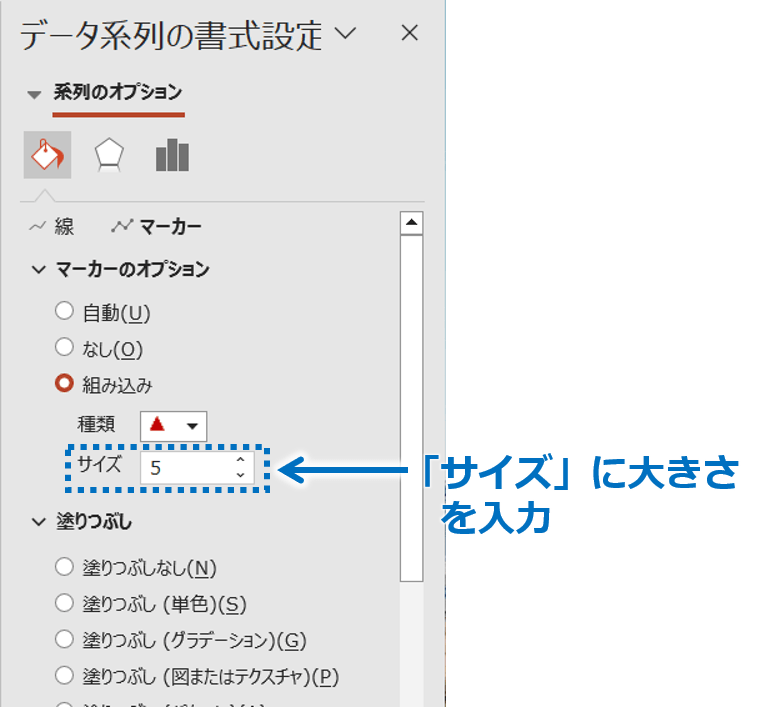 ①「データ系列の書式設定」作業ウィンドウの「サイズ」に数字を入力して、サイズを変更します。